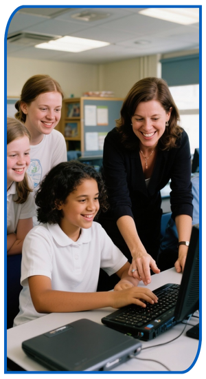 Female teacher with students in a classroom happily enjoying to learn digital education